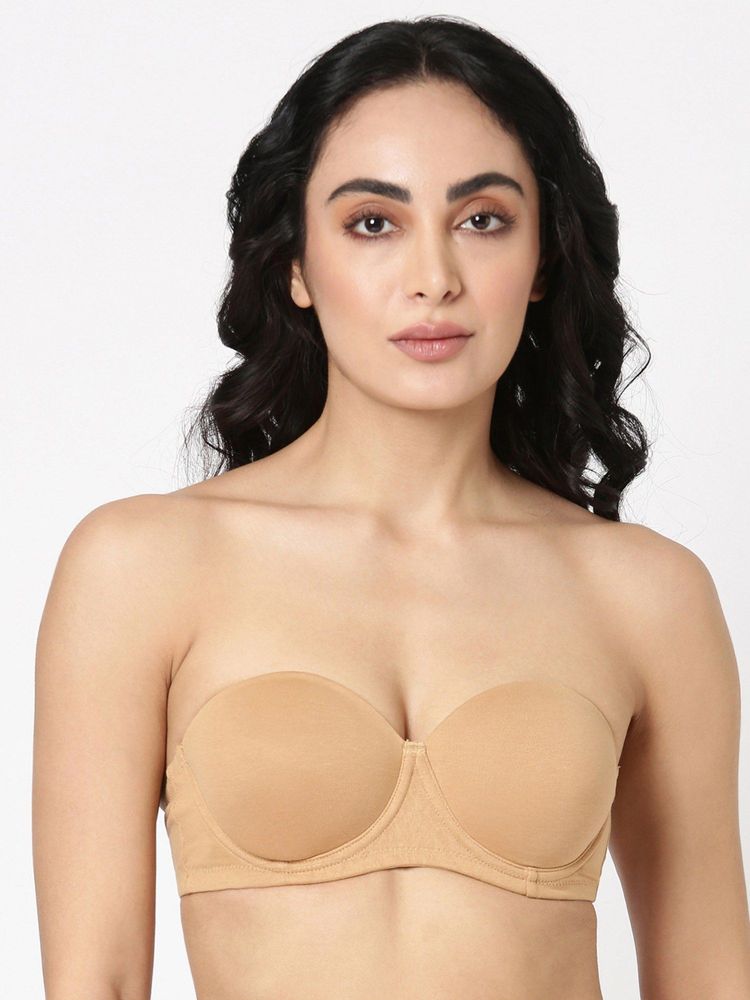 BLOSSOM Seamless Medium Coverage Padded Wired Balconette Bra Strapless Beige-image-7