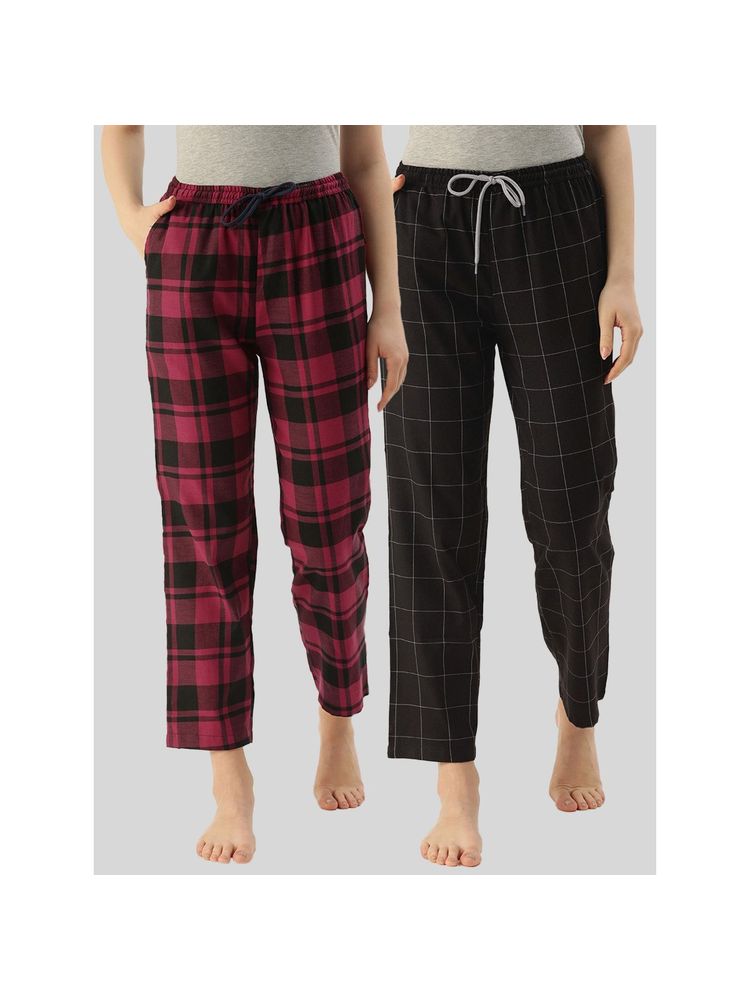Kryptic Womens Black & Maroon Cotton Check Lounge Pajamas (Pack of 2)-image-46