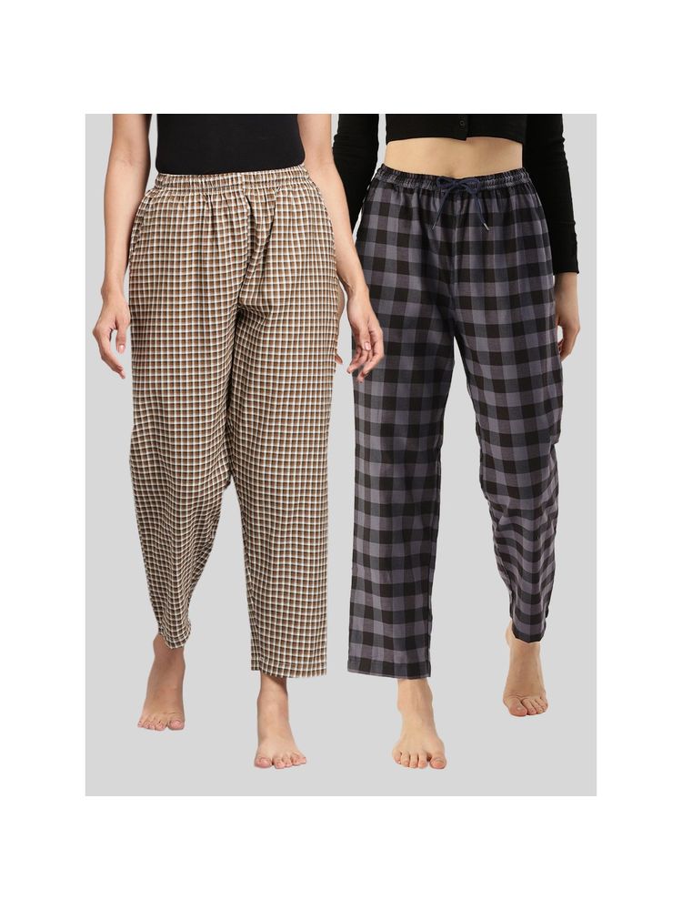 Kryptic Womens Brown & Grey Cotton Check Lounge Pajamas (Pack of 2)-image-3