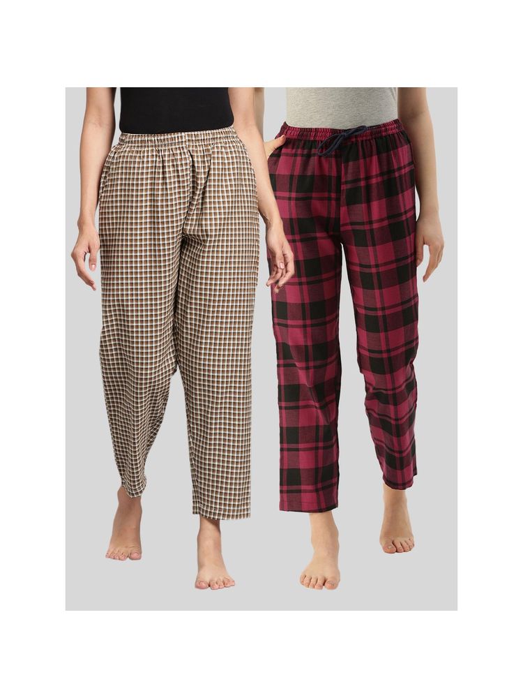 Kryptic Womens Brown & Maroon Cotton Check Lounge Pajamas (Pack of 2)-image-2