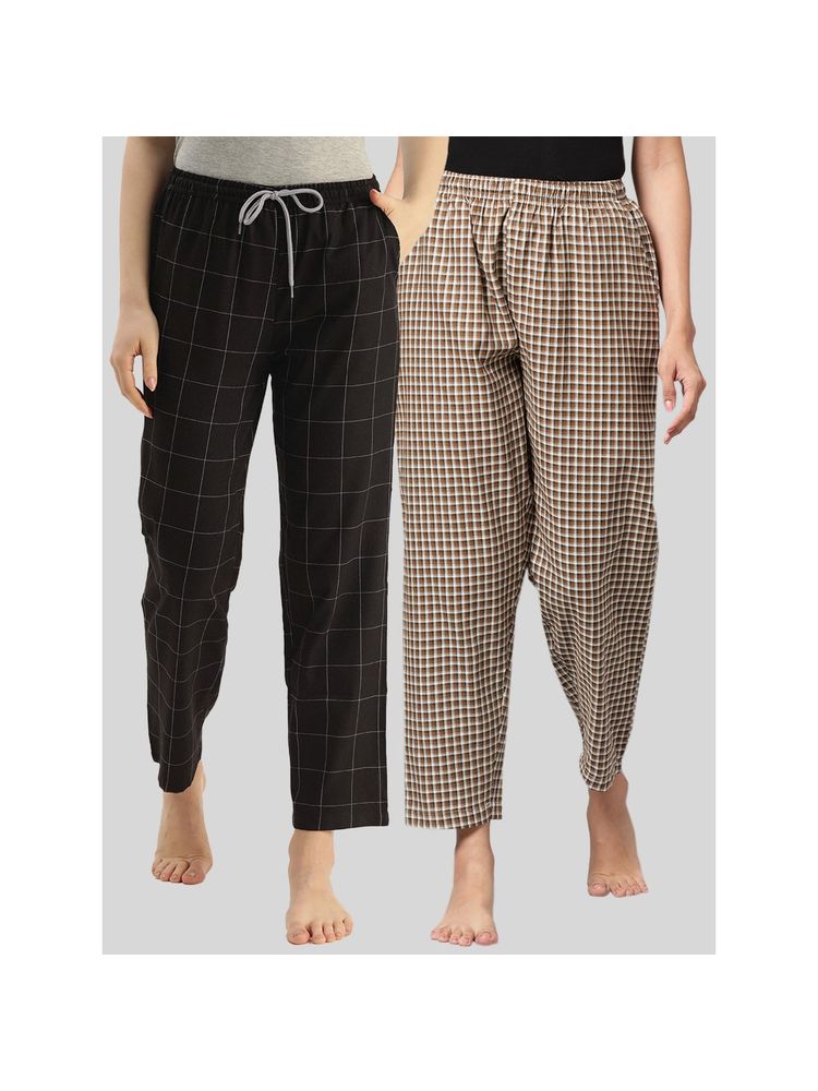 Kryptic Womens Brown Black Cotton Check Lounge Pajamas (Pack of 2)-image-49
