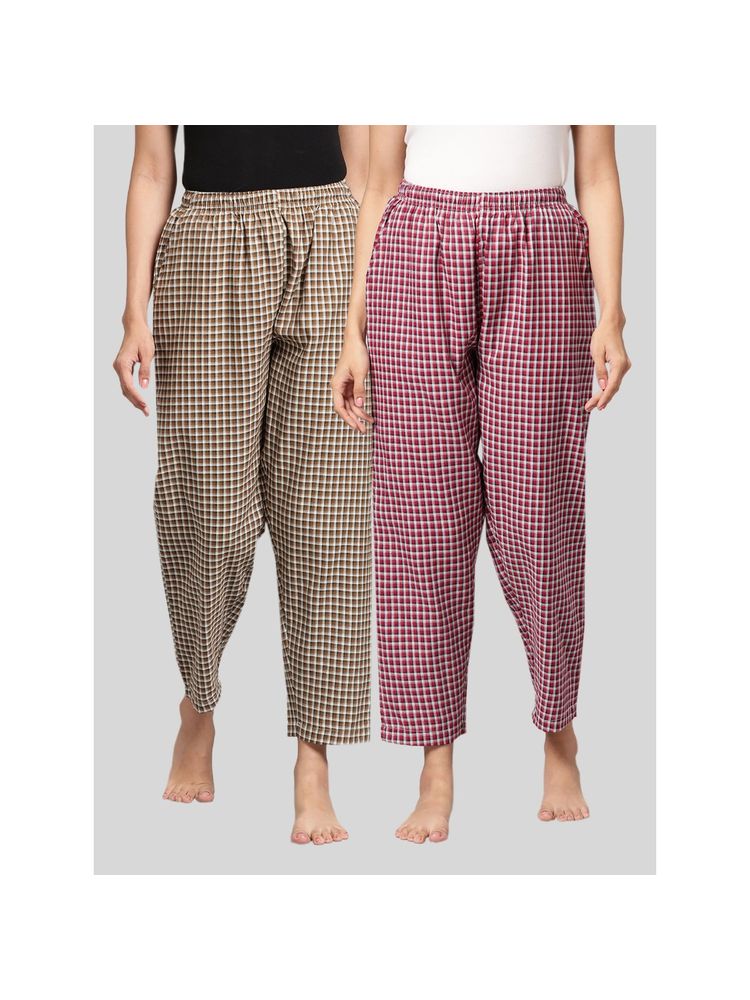 Kryptic Womens Brown Maroon Cotton Check Lounge Pajamas (Pack of 2)-image-47