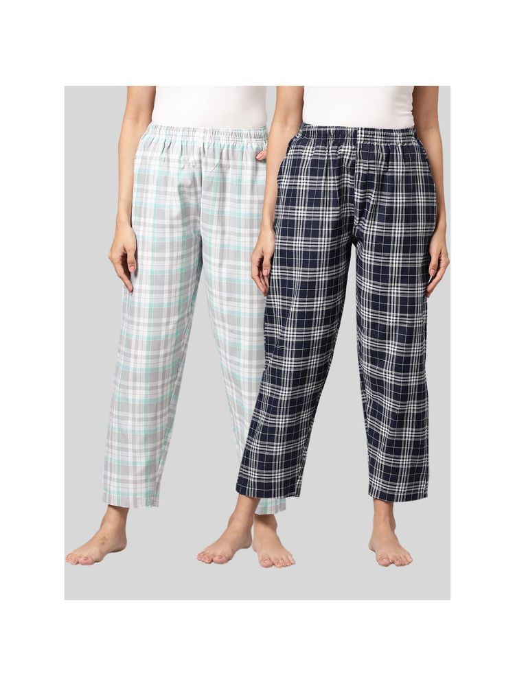 Kryptic Womens Grey & Navy Cotton Check Lounge Pajamas (Pack of 2)-image-42