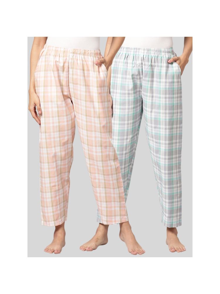 Kryptic Womens Grey & Peach Cotton Check Lounge Pajamas (Pack of 2)-image-45