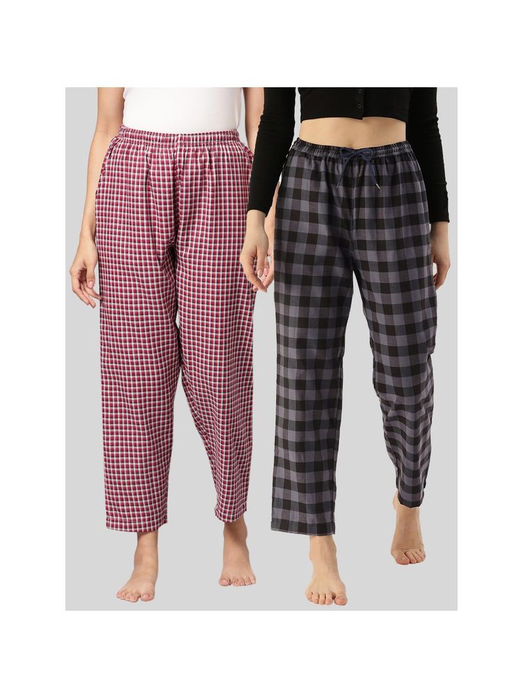 Kryptic Womens Maroon & Grey Cotton Check Lounge Pajamas (Pack of 2)-image-43