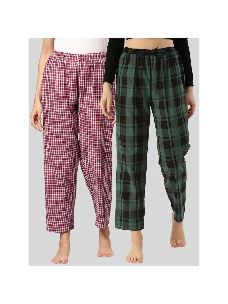 Kryptic Womens Maroon & Green Cotton Check Lounge Pajamas (Pack of 2)-image-48