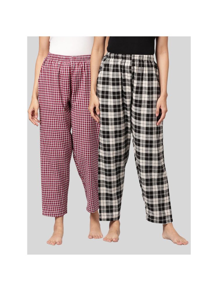 Kryptic Womens Maroon & Black Cotton Check Lounge Pajamas (Pack of 2)-image-44