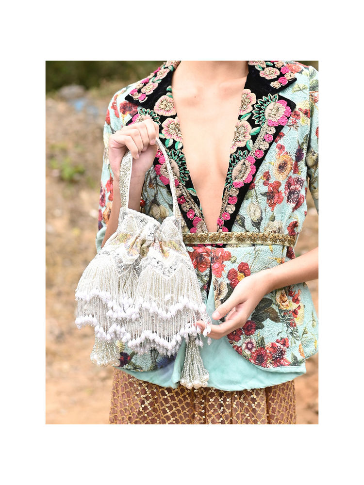 Odette Women Silver Tassel Potli Bag