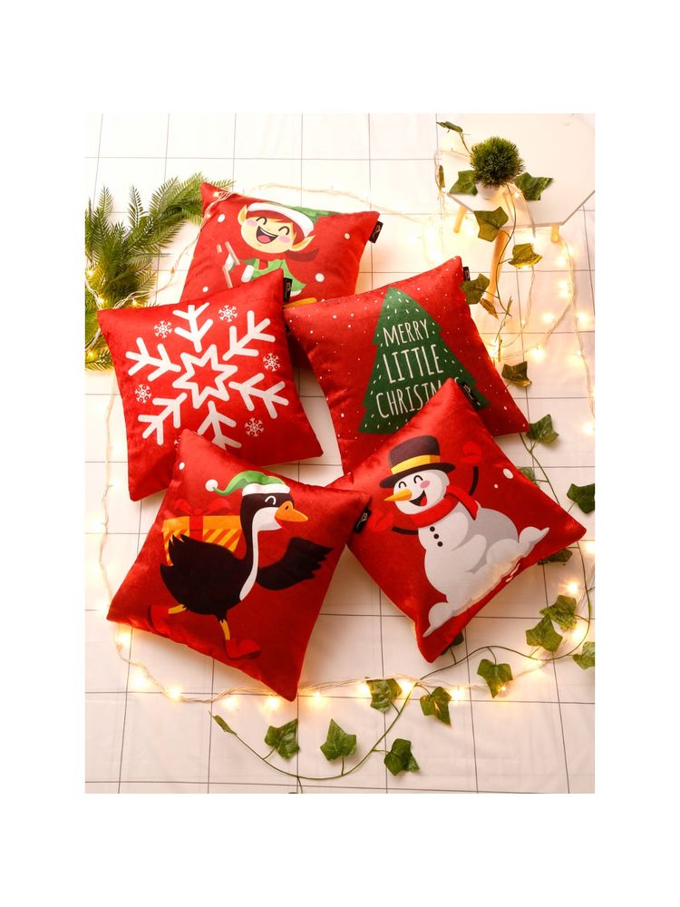 HOSTA HOMES Red and White Velvet Square Cushion Covers (Set of 5) (16 x 16 Inches)-picture-18