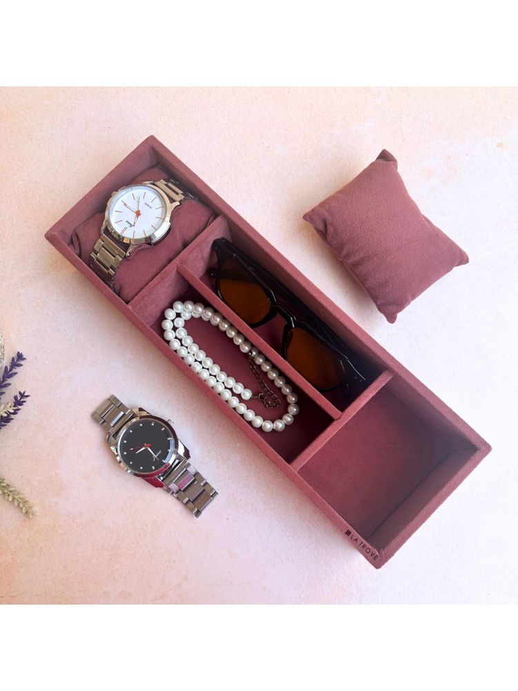 La Trove Pink Velvet 2-Slot Watch & Bracelets & Sunglass Storage Organizer Tray-picture-20