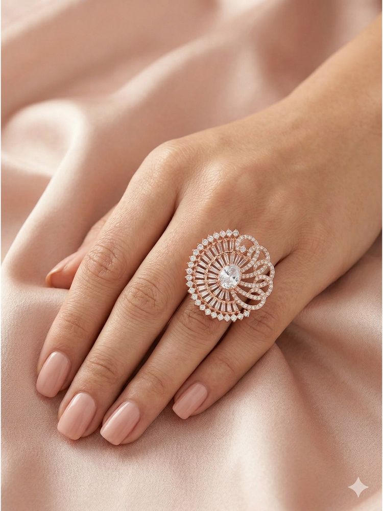 Adwitiya Women Rose Gold Plated Oval Peacock Shell Adjustable Ring-image-9