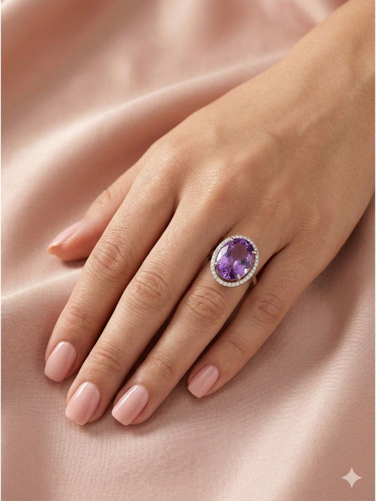 Adwitiya Women Rhodium Plated Oval Amethyst Purple Solitaire Halo Adjustable Ring-image-32