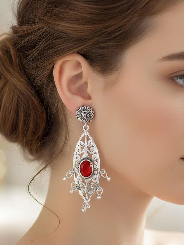 925 SILLER Women Vintage Red Filigree Crimson Drop Earrings-image-1
