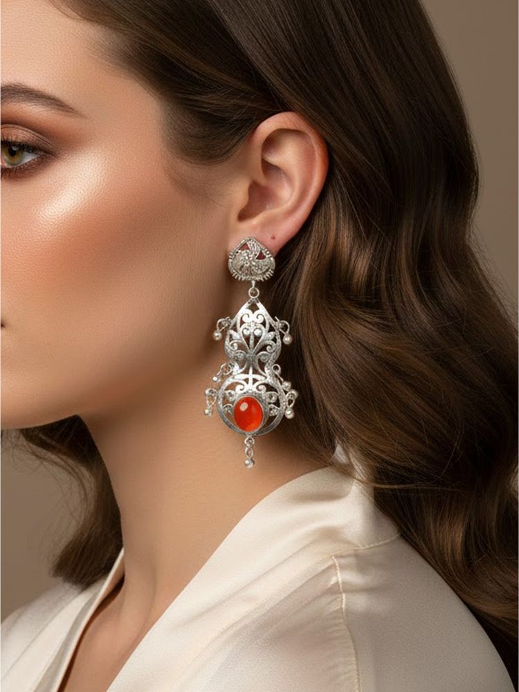 925 SILLER Women Ethnic Filigree Carnelian Drops Earrings-image-8