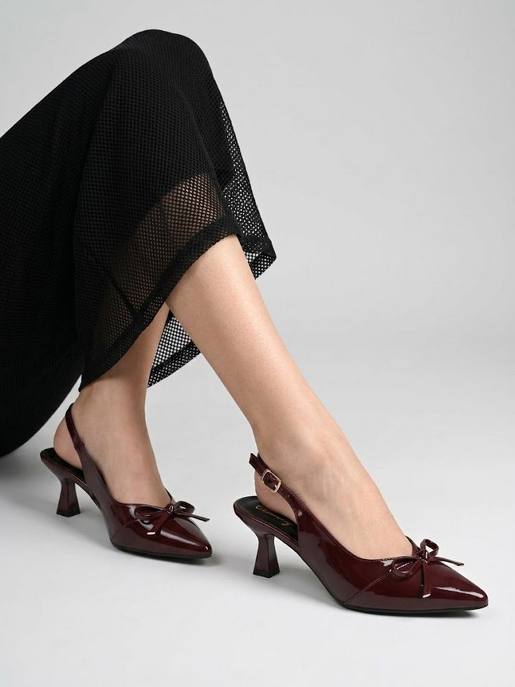 CHINRAAG Women Maroon Bow Detail Pointed Toe Kitten Heels-image-15