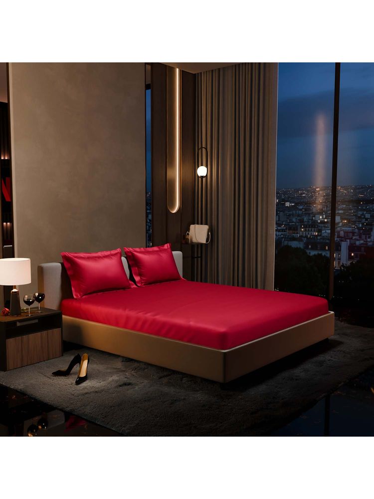 Stoa Paris Red Satin Fitted Sheet with 2 Pillow Covers-image-26