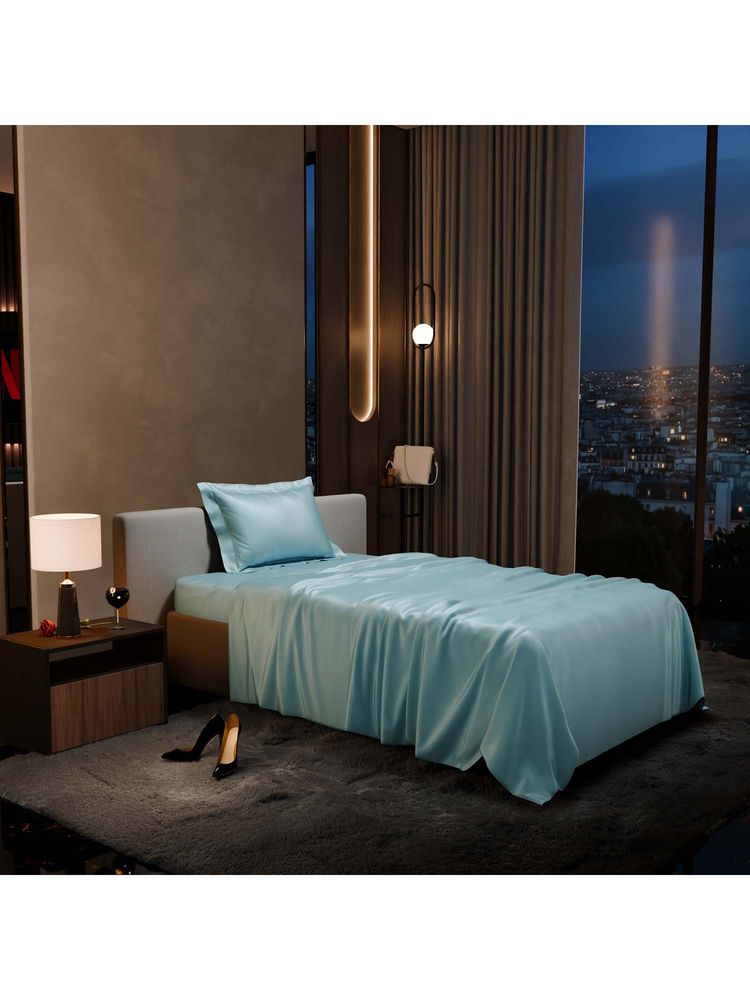 Stoa Paris Blue Satin Single Bedsheet with 1 Pillow Cover-image-6