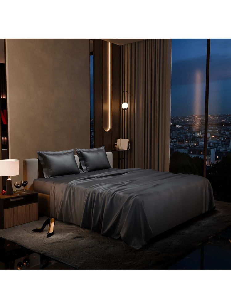Stoa Paris Dark Grey King Satin Bedsheet with 2 Pillow Covers-picture-14