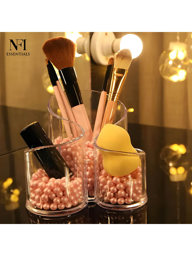 NFI Essentials S-Shaped Clear Acrylic Pen & Makeup Brush Holder 3 Compartment Multipurpose Organizer-picture-13