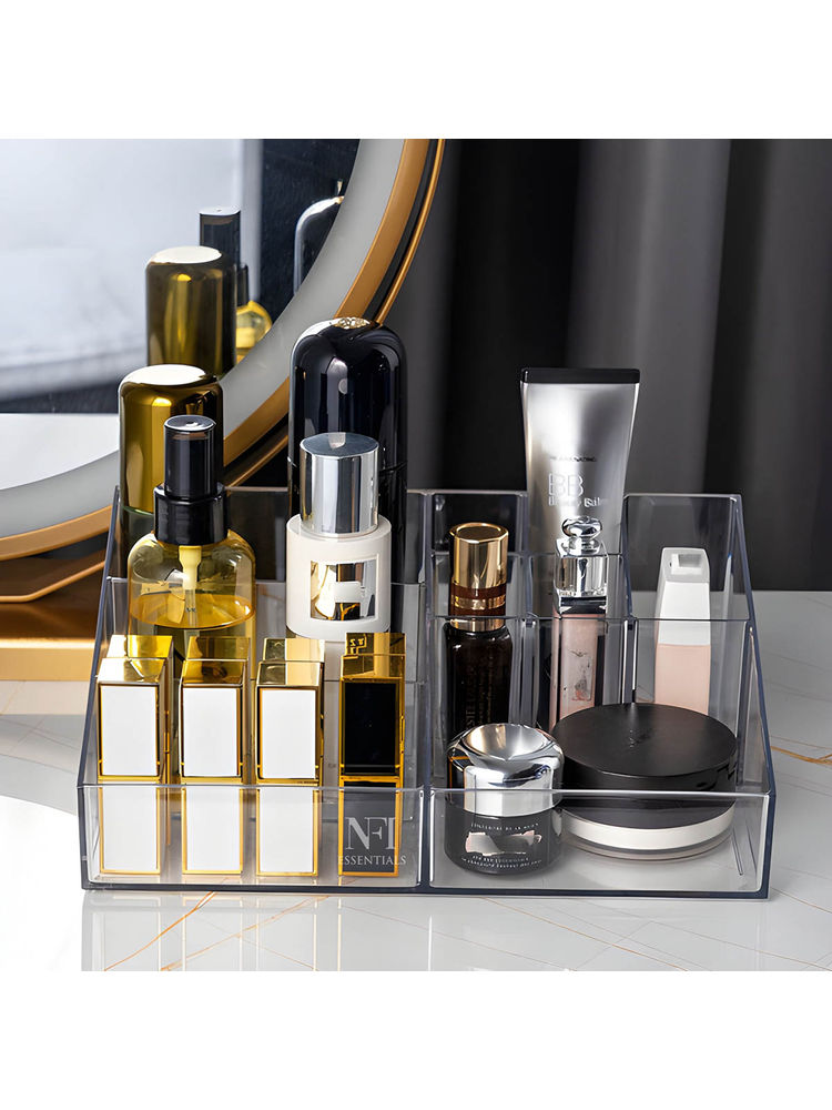 NFI Essentials Premium Acrylic Makeup Organizer Tray with Diamond Cut Design Vanity Cosmetics