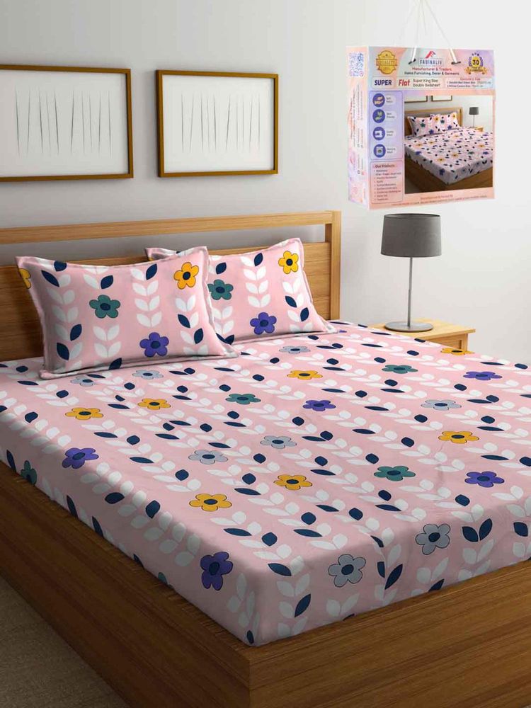 FABINALIV Pink Floral Cotton Blend Super King Bedsheet with 2 Pillow Covers-image-32