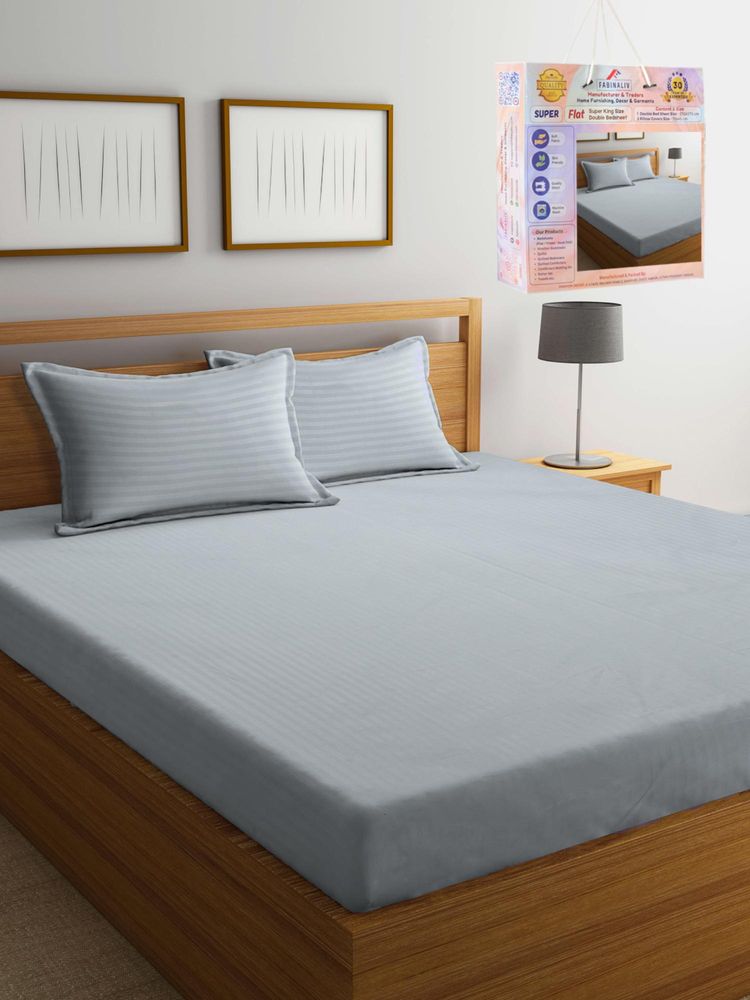 FABINALIV Light Grey Striped Cotton Blend Super King Bedsheet with 2 Pillow Covers-image-28
