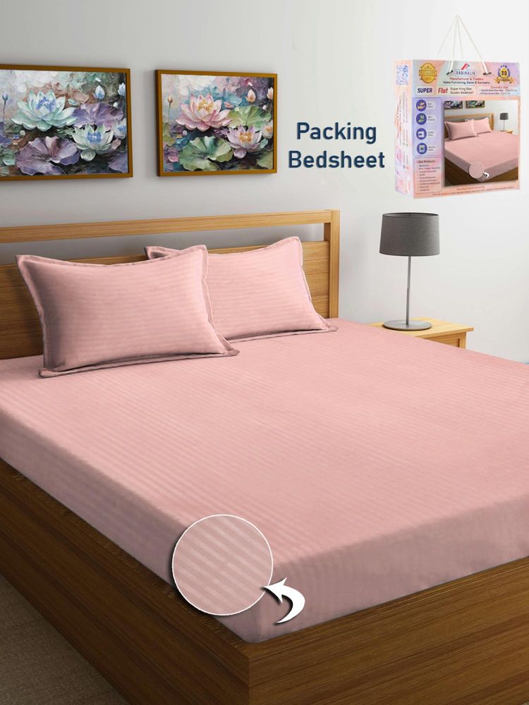 FABINALIV Peach Striped Cotton Blend Super King Bedsheet with 2 Pillow Covers-image-32
