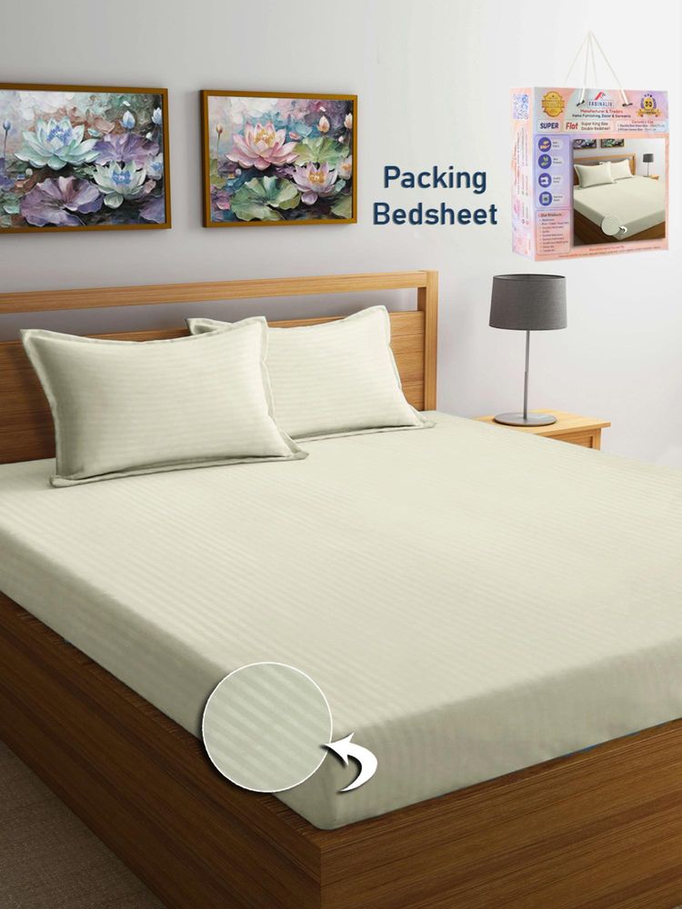 FABINALIV Cream Striped Cotton Blend Super King Bedsheet with 2 Pillow Covers-image-21