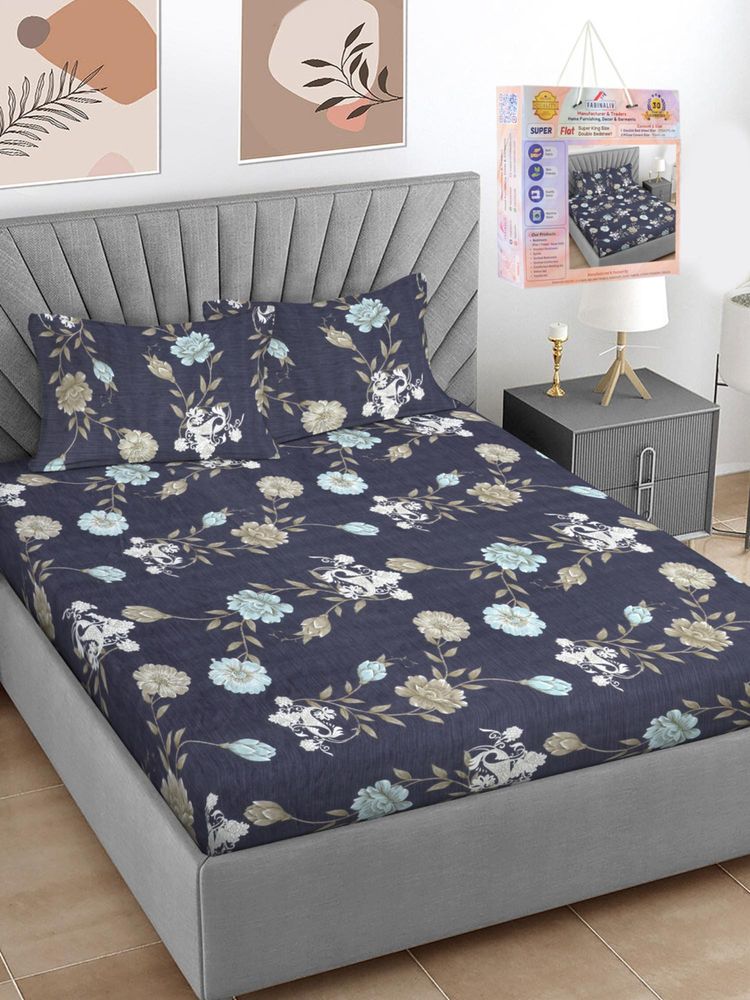 FABINALIV Blue Floral Cotton Blend Super King Bedsheet with 2 Pillow Covers-image-41