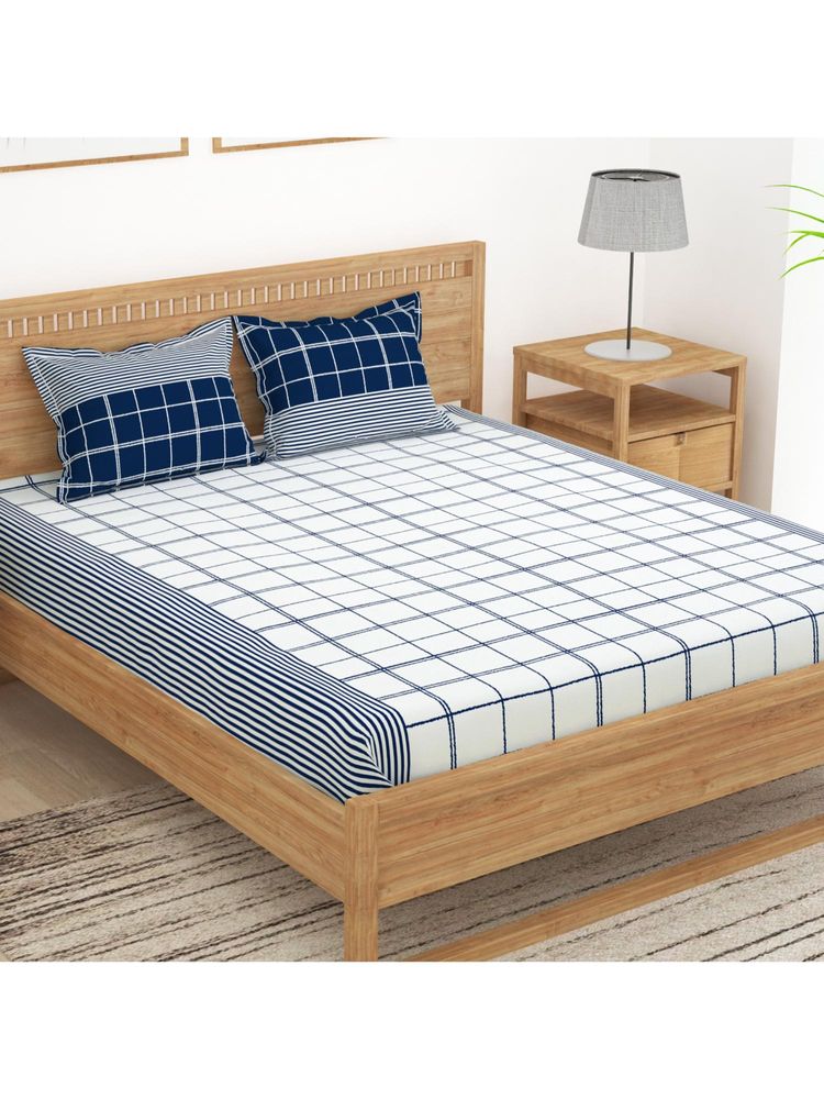 Story@Home 100% Cotton Navy Blue and White Floral 1 Double Bedsheet with 2 Pillow Cover-image-32