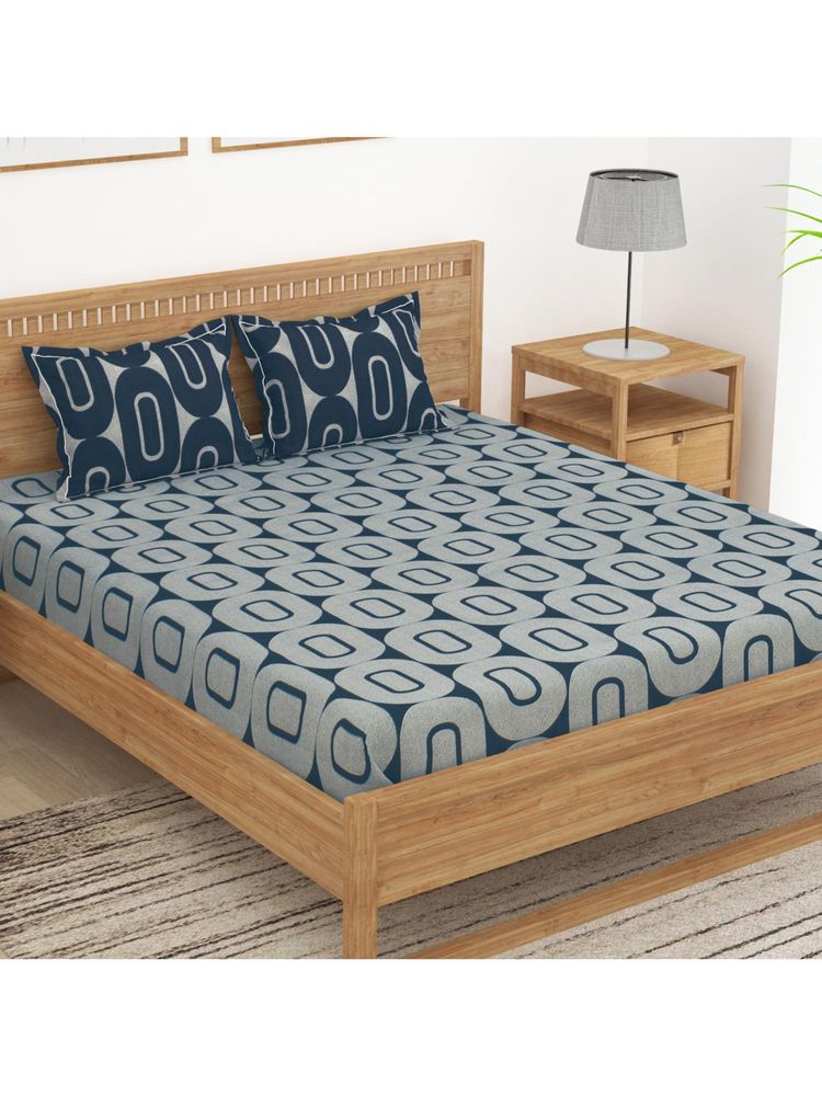 Story@Home 152 Tc Blue & Grey Geometric King Bedsheet with 2 Pillow Covers-image-27