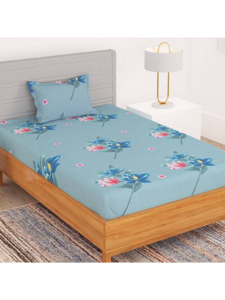 Story@Home Bedspun Polyester Pink & Blue Floral Single Bedsheet with 1 Pillow Covers-image-46