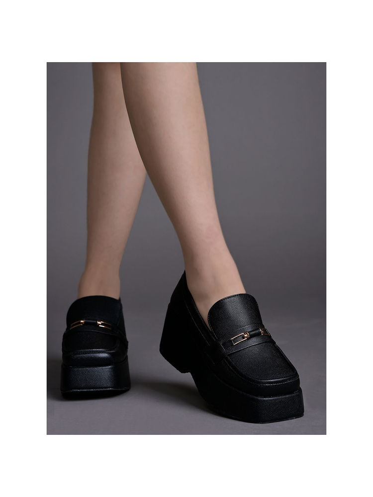 Shoetopia Stylish Solid Buckle Detailed Black Loafers for Women-picture-39
