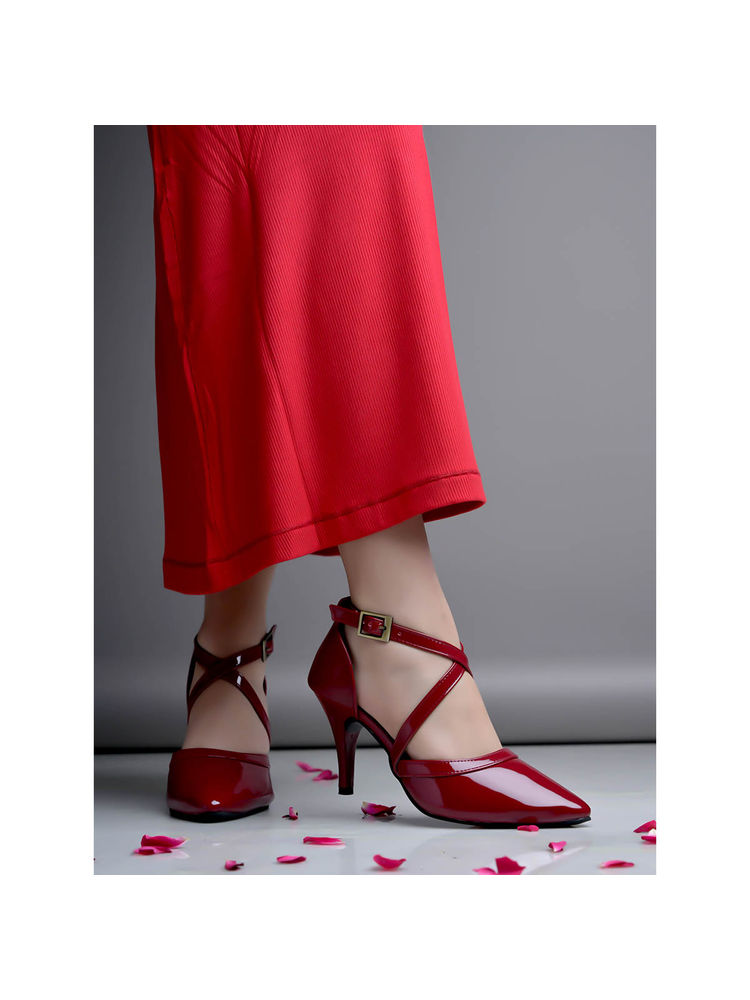 Shoetopia Solid Criss-Cross Straps Red Sandal Heels for Women-image-26