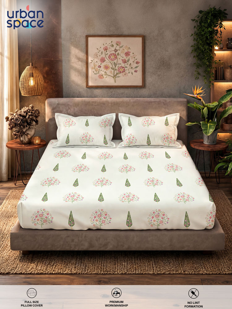 Urban Space White 200TC Cotton Fitted Bedsheet with 2 Pillow Covers (King)-image-5