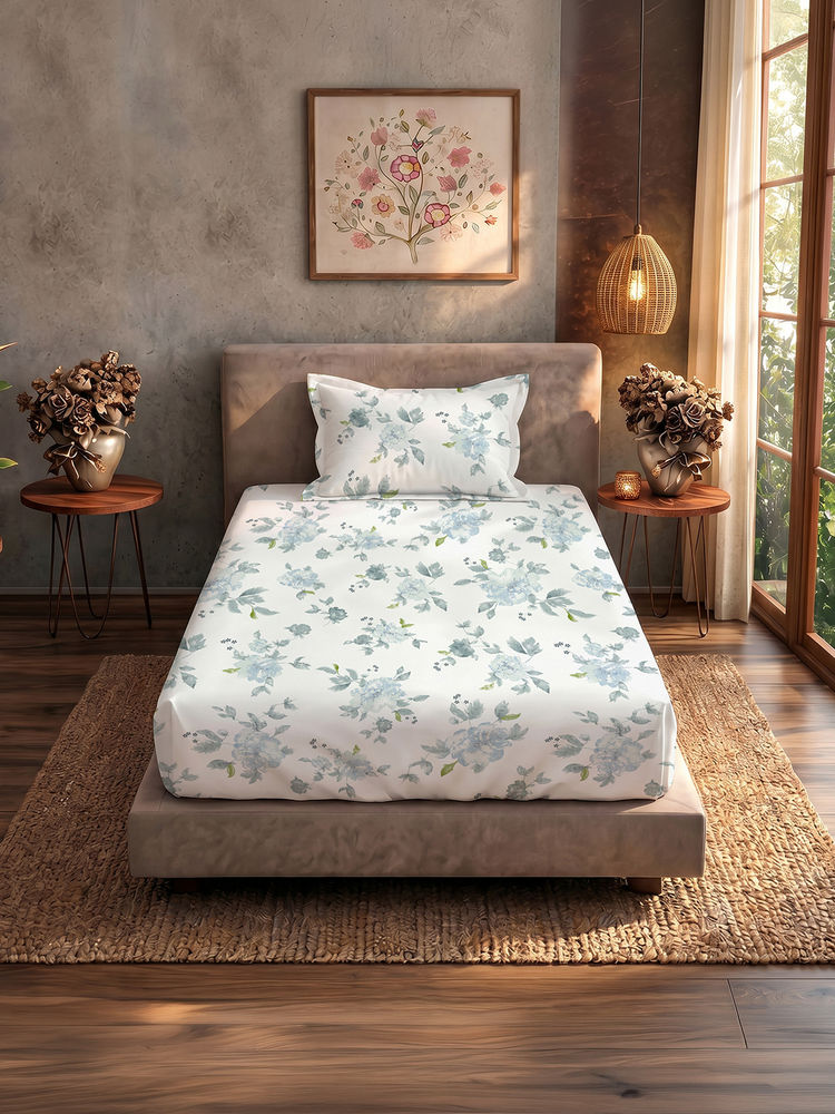 Urban Space Sapphire Blue 200TC Cotton Bedsheet with 1 Pillow Cover (Single)-image-9