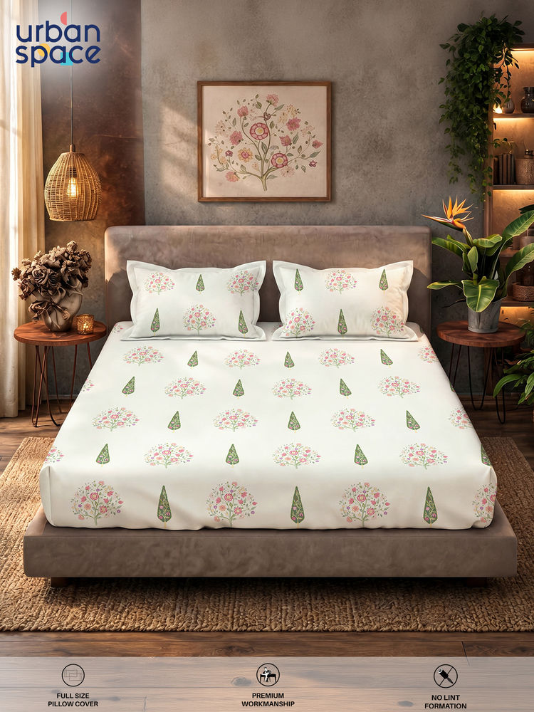 Urban Space White 200TC Cotton Bedsheet with 2 Pillow Covers-picture-27