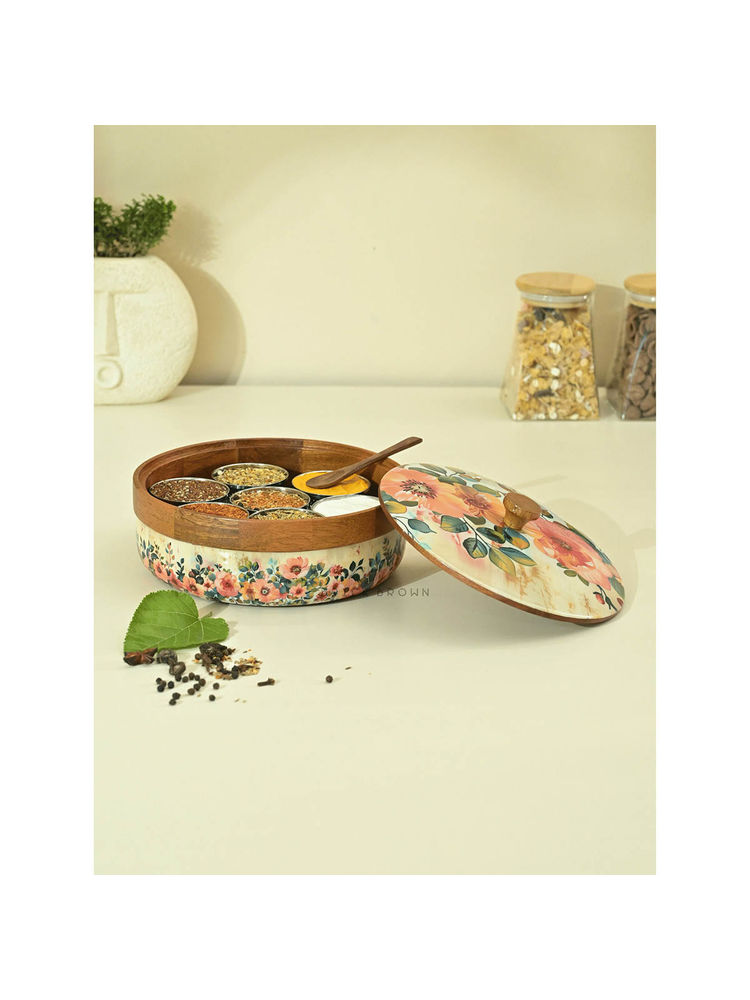 Brick Brown Pastel Flora Masala Box / Spice Box-picture-31