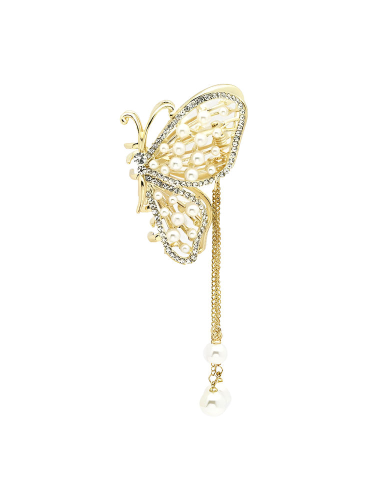 Matra Embellished Butterfly Hair Claw Clip Rhinestone Tassel Pearl Studded Gold Clutcher-image-44