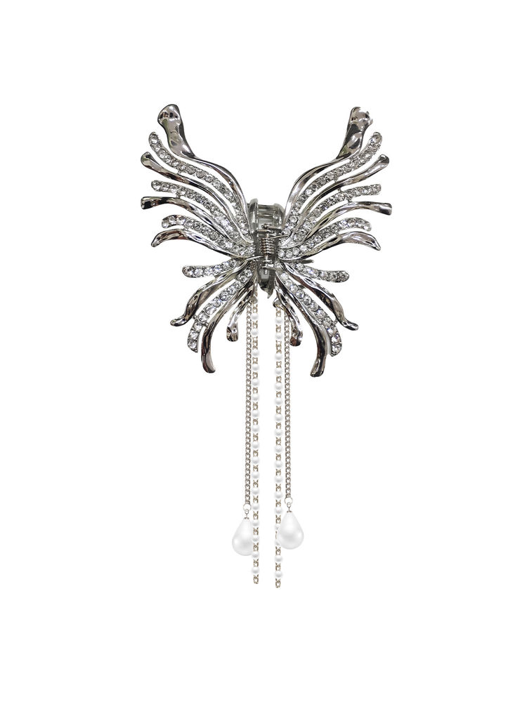 Matra Embellished Butterfly Wings Silver Hair Claw Clip Rhinestone Tassel Pearl Studded Clutcher-picture-32