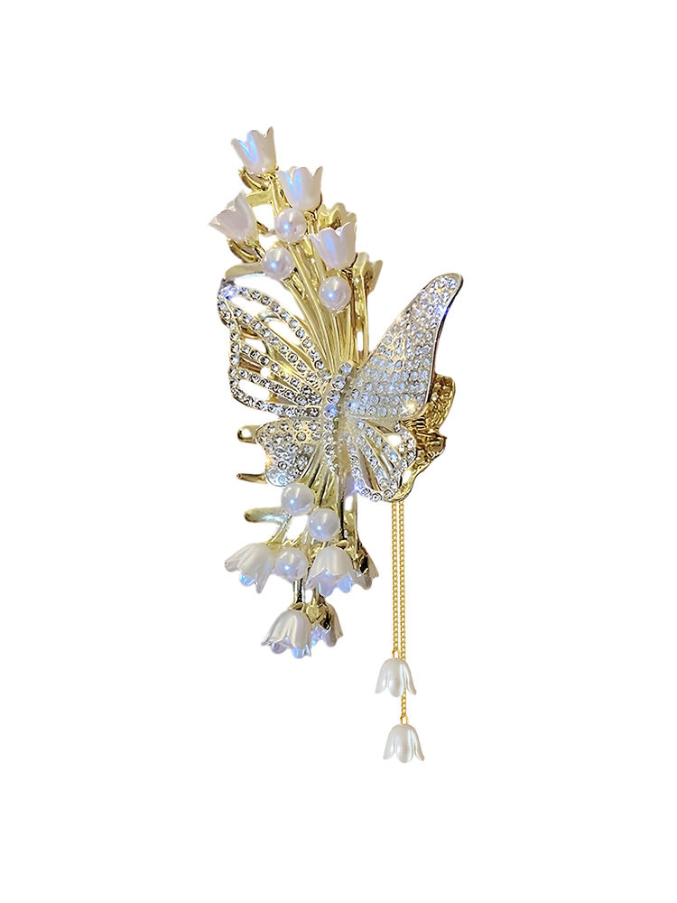 Matra Embellished Butterfly Flower Hair Claw Clip Rhinestone Tassel Pearl Studded Gold Clutcher-picture-7