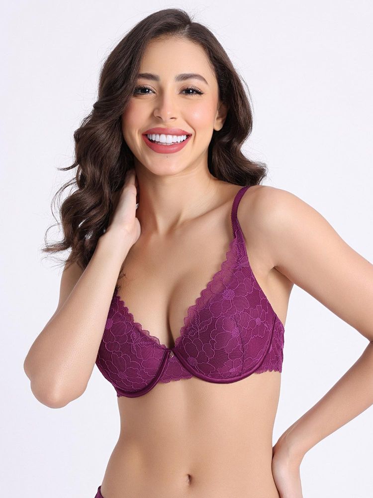 Zivame La Flamme Padded Plunge Wired Medium Coverage Lace Bra - Dark Purple-picture-15