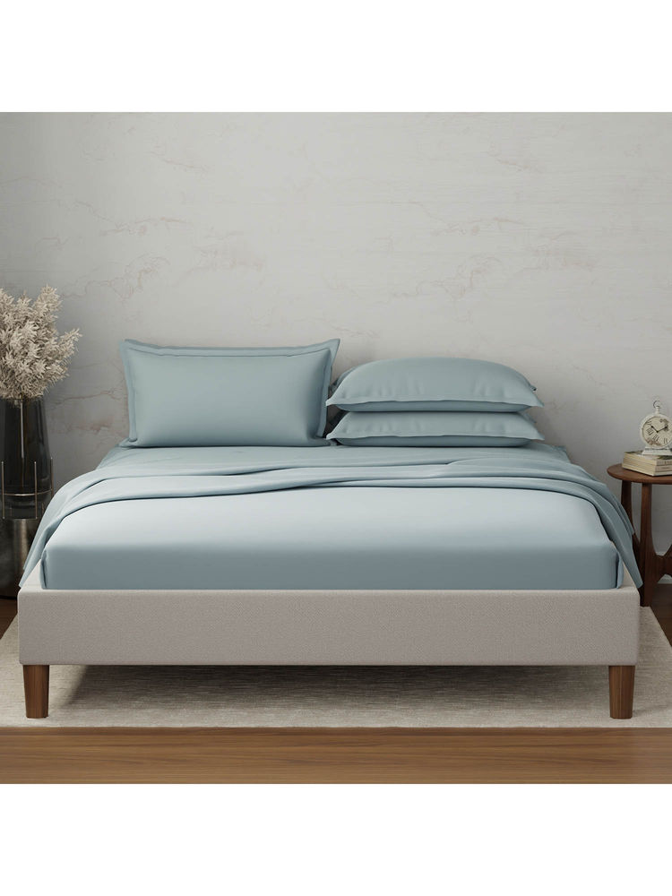 Boutique Living Emblem 100% Cotton 300 Tc Blue Solid King Dyed Bedsheet With 4 Pillow Covers-image-1