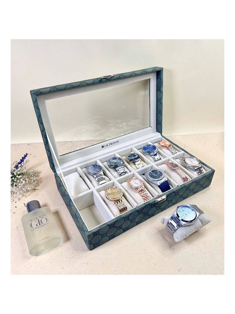 La Trove Vegan Designer 12 Slot Watch Box Display Case Organiser With Glass Top Olive Green-image-34