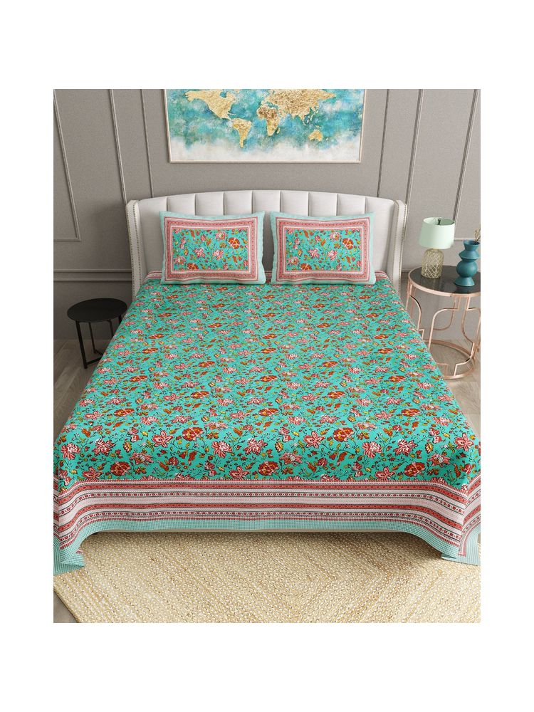Bella Casa Green Floral Cotton Bedsheet with 2 Pillow Covers (King)-image-43