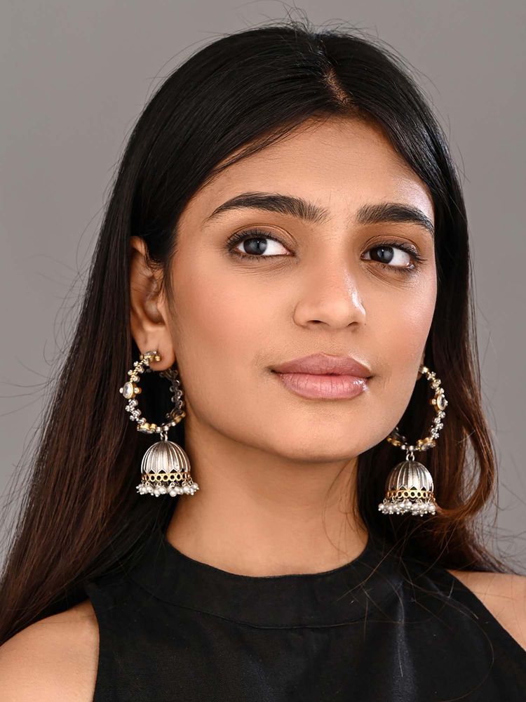 Anvik White Silver-Tone Brass Stone-Studded Jhumka Earrings-image-44