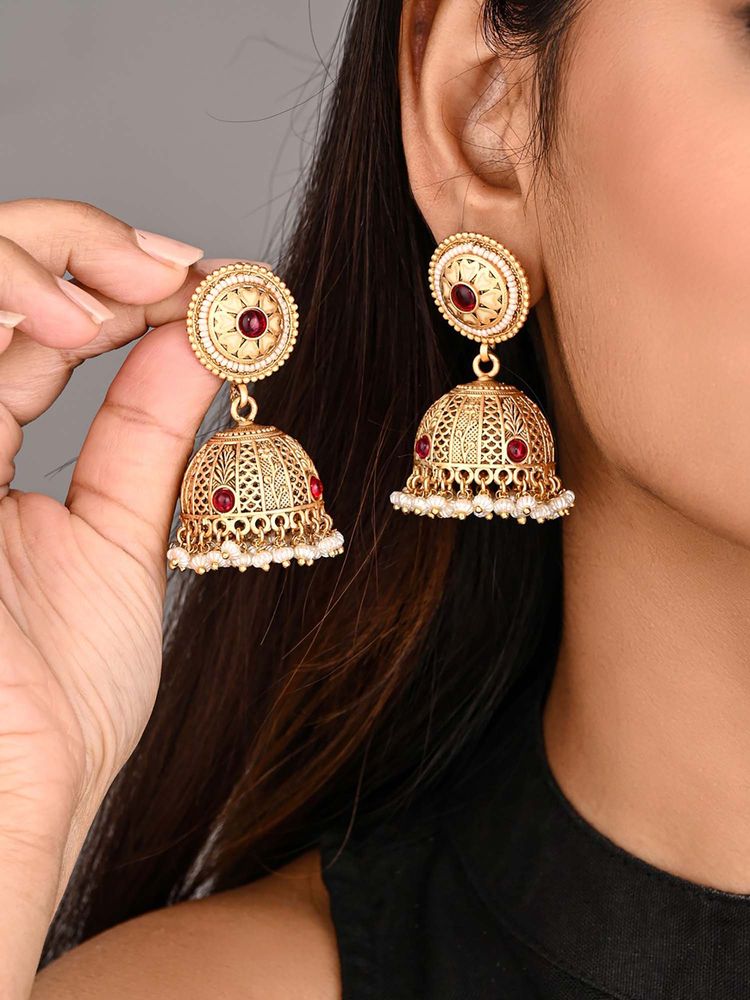 Anvik Traditional Red Gold-Tone Jhumka Earrings-image-46