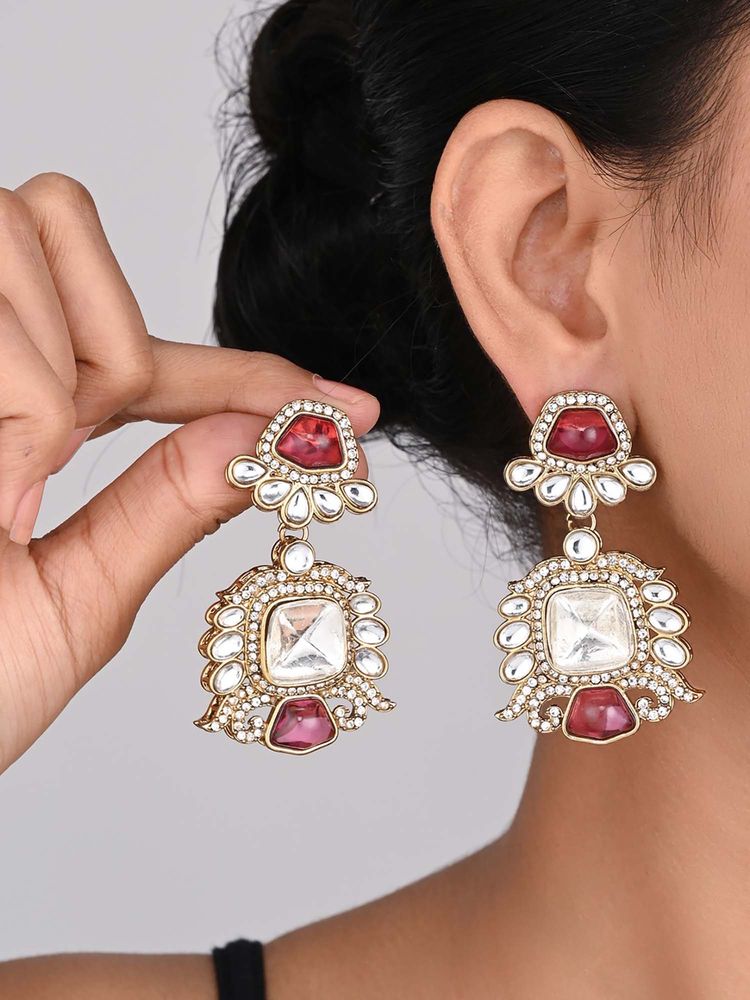 Anvik Pink Gold Plated Kundan Drop Earrings-image-30
