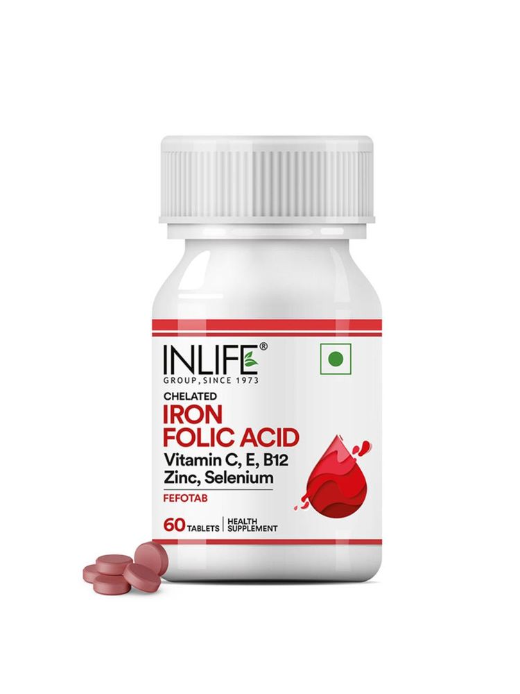 INLIFE Chelated Iron Folic Acid Supplement with Vitamin C, E, B12, Zinc & Selenium