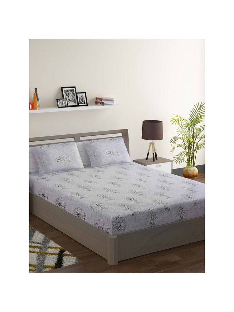 Swayam Grey Ethnic Motif 210 TC Pure Cotton Bedsheet with Pillow Covers-picture-42